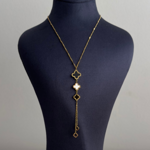çelik gold üç yonca siyah beyaz 45cm kolye