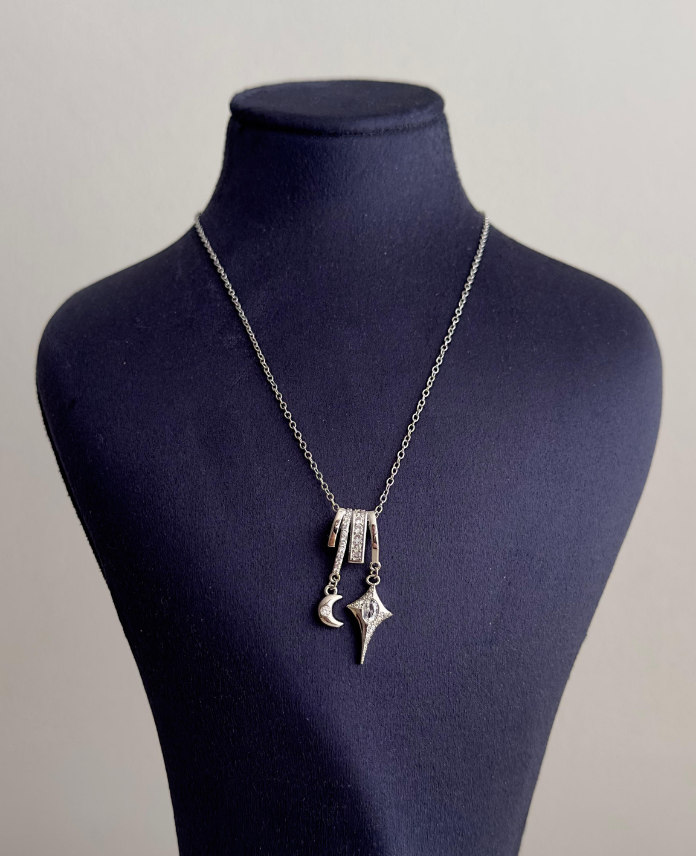 111.png çelik silver yıldız ay sallantılı 45cm kolye - Görsel 1