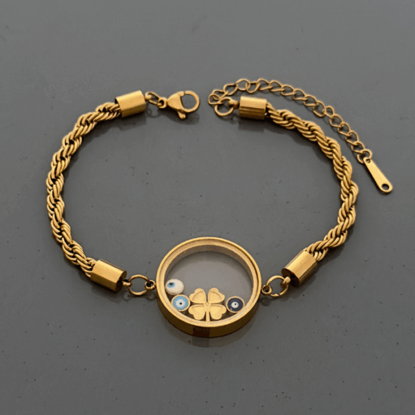 çelik burgu cam içi büyük yonca bileklik