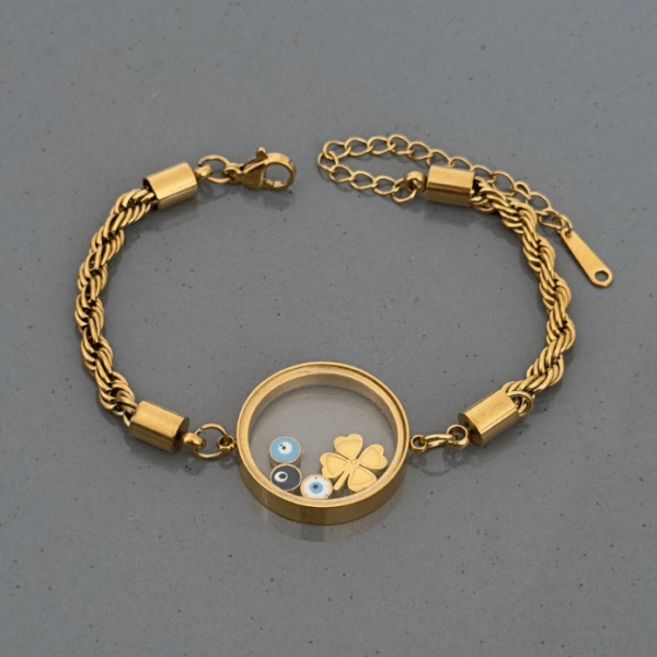 çelik burgu cam içi küçük yonca bileklik