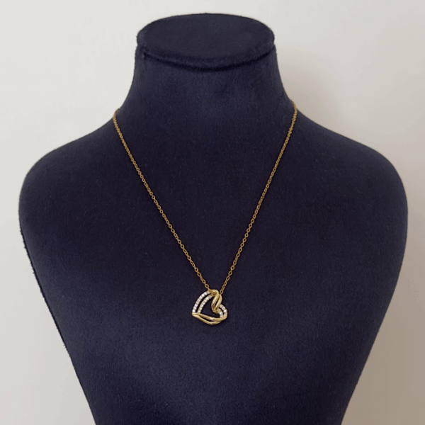 çelik ikili kalp içten geçme taşlı kolye