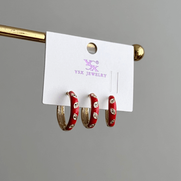 ysx gold kırmızı mineli göz küpe üçlü küpe