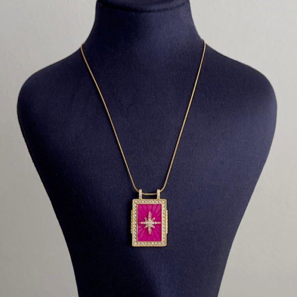 çelik gold dikdörtgen pembe kutup yıldızı 45cm kolye