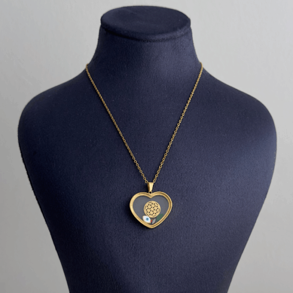 çelik gold cam kalp yaşam çiçeği 45cm kolye