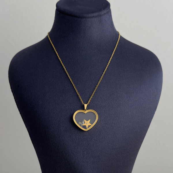 çelik gold cam kalp yıldız 45cm kolye