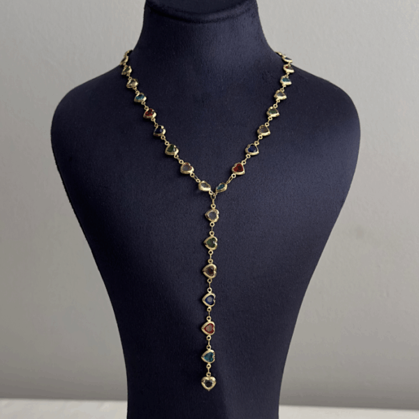 bijuteri vip gold y kalp renkli taşlı kolye