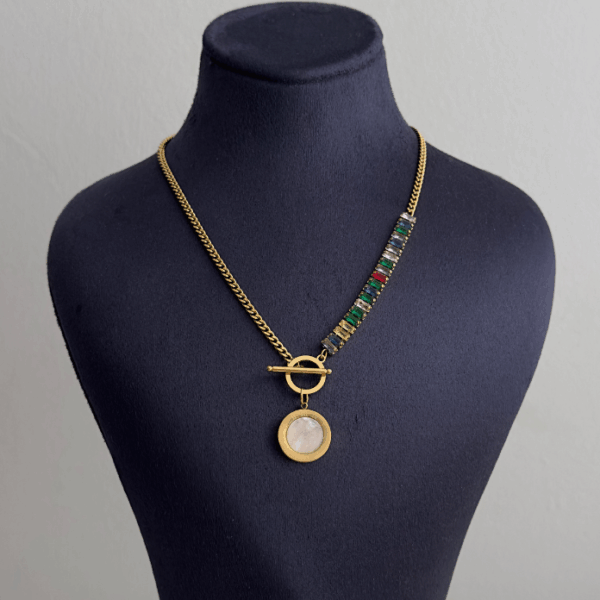 çelik gold yuvarlak çift taraflı baget renkli taşlı 45cm kolye