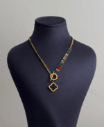 çelik gold yonca çift taraflı baget renkli taşlı 45cm kolye