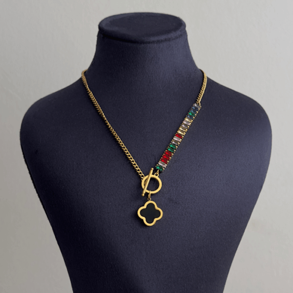 çelik gold yonca çift taraflı baget renkli taşlı 45cm kolye