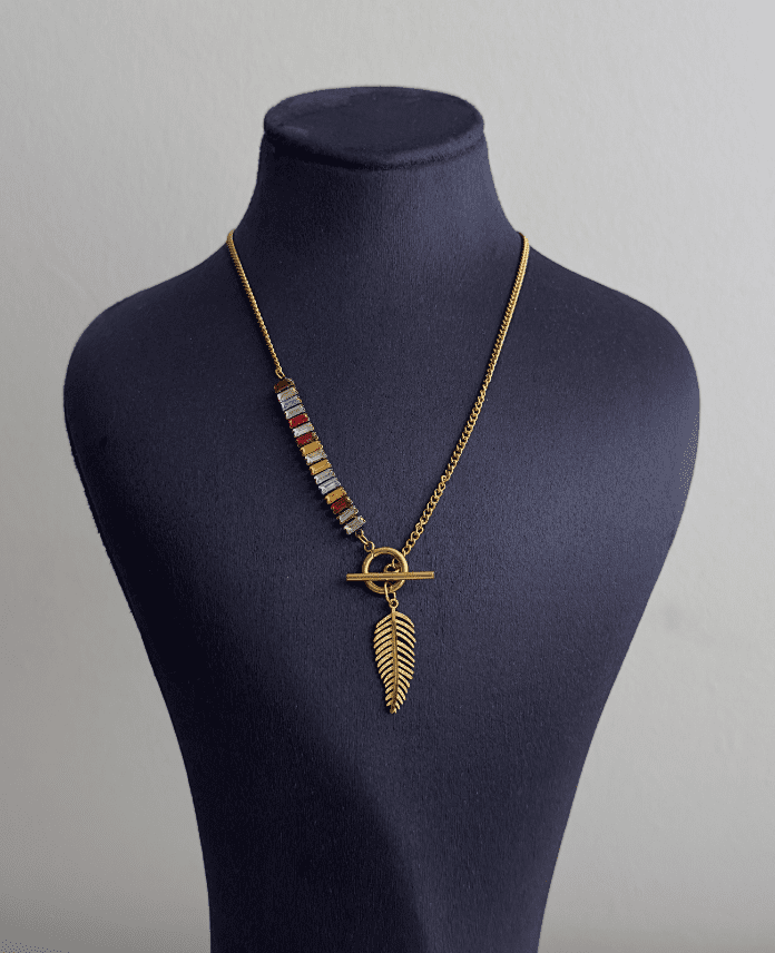 274.png çelik gold yaprak baget renkli taşlı 45cm kolye - Görsel 1