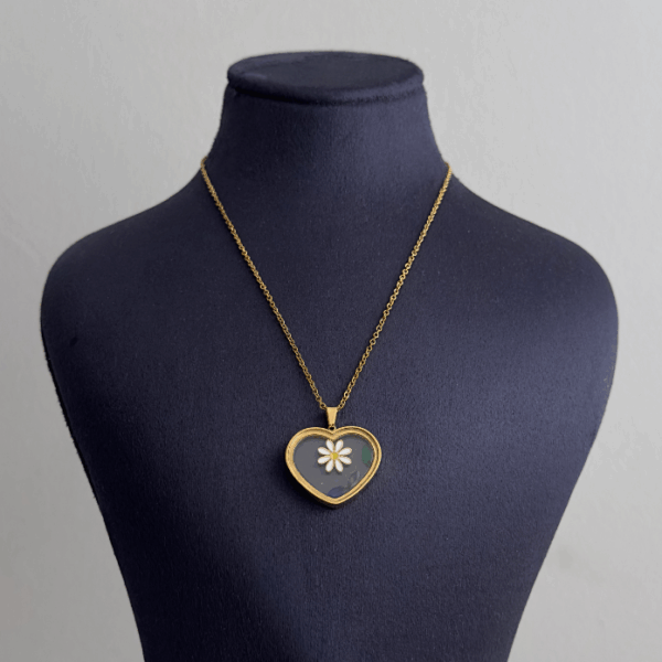 çelik gold cam kalp papatya 45cm kolye
