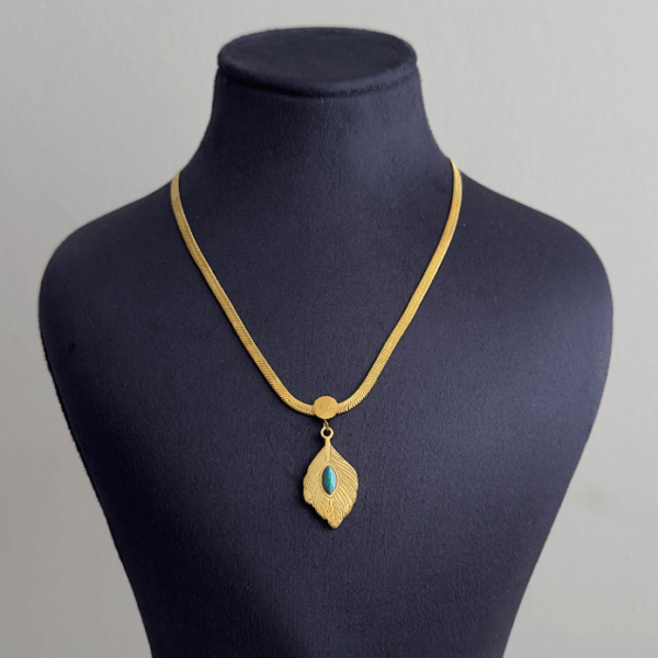 çelik gold yaprak mavi doğaltaş italyan 45cm kolye
