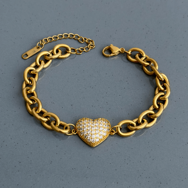 çelik gold zincir ortası kalp taşlı bileklik