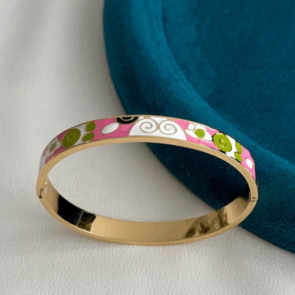 çelik gold pembe çiçek mineli kelepçe