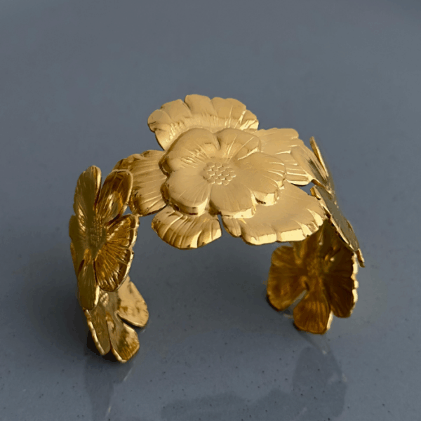 çelik gold açık kalın çiçek kelepçe