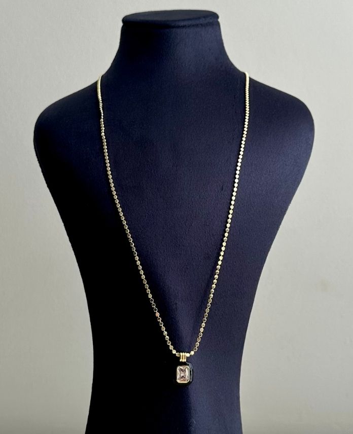 83.jpg çelik gold nokta zincir dikdörtgen siyah 60cm kolye - Görsel 1