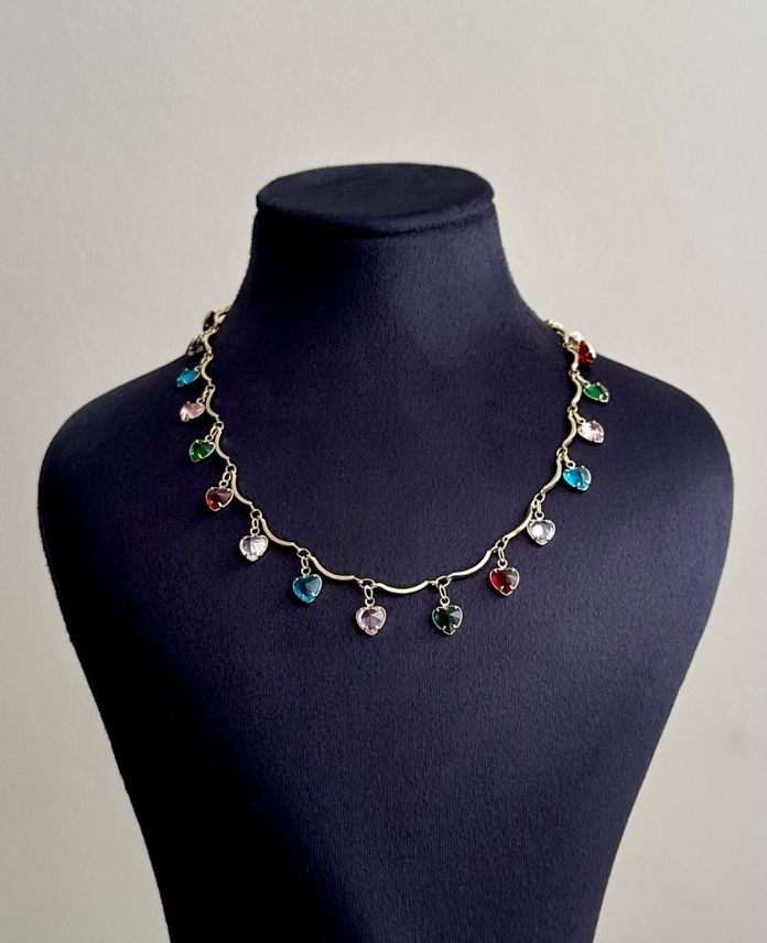 88.jpg çelik gold saçaklı kalp renkli 45cm kolye - Görsel 1