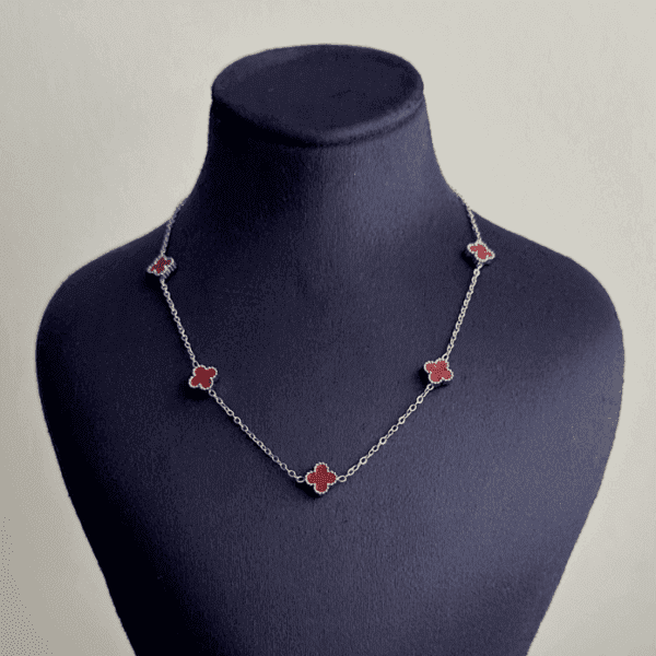 çelik silver beş küçük yonca bordo 45cm kolye