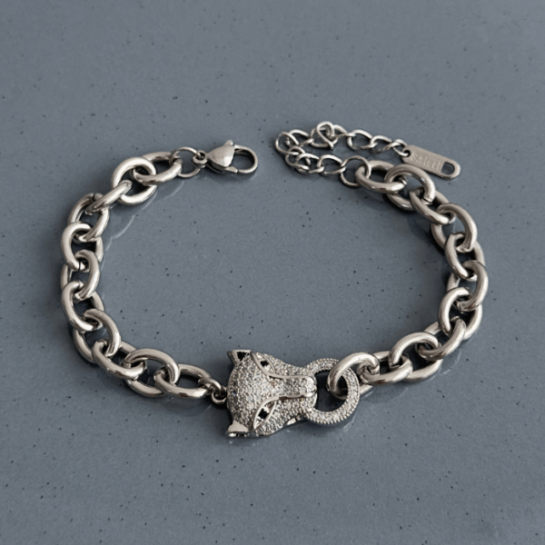 çelik silver ortası kaplan taşlı bileklik
