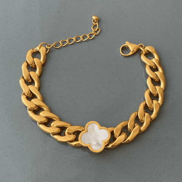 Çelik Lüks Ortası Yonca  Beyaz Bileklik