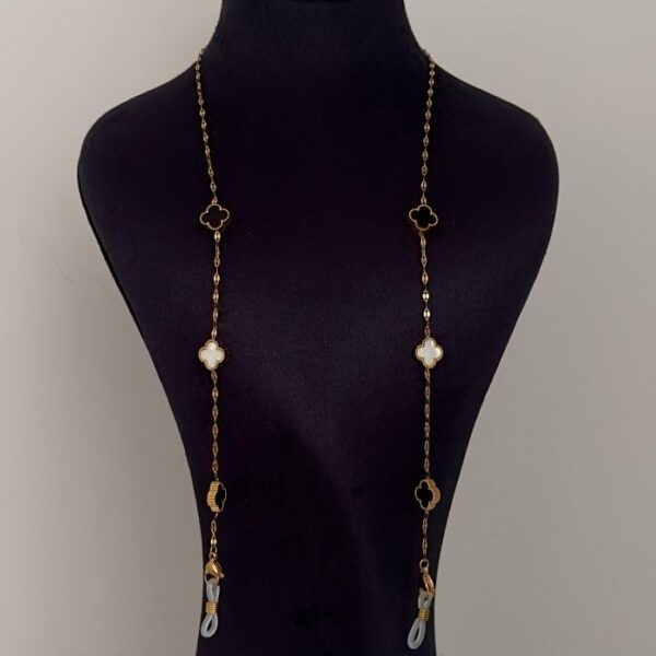 Çelik Parlak Zincir Siyah Beyaz Yonca Gözlük Zinciri