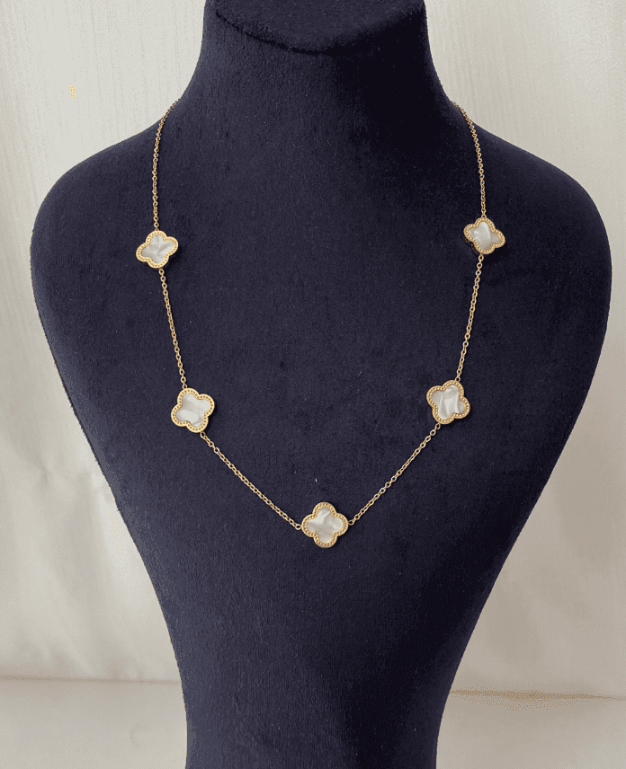 CKO5YONCABEYAZG.png Çelik 5 li Beyaz Yonca 45cm Kolye - Görsel 1