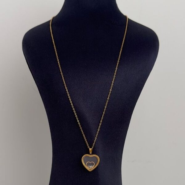 Çelik Cam İçi Beyaz Taşlı Kalp 60Cm Kolye