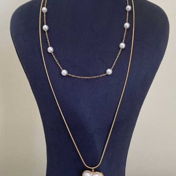 Çelik Kalp 2 Li İncili 60Cm Kolye