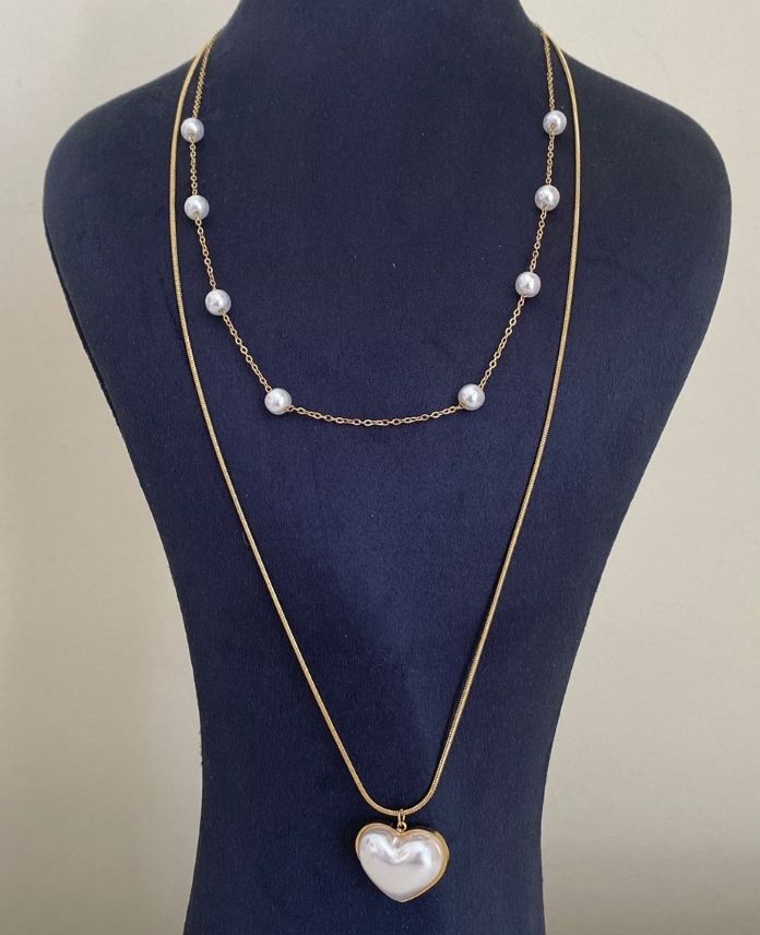 CKOKALP2LIINCILI60CMG-1.jpg Çelik Kalp 2 Li İncili 60Cm Kolye - Görsel 1