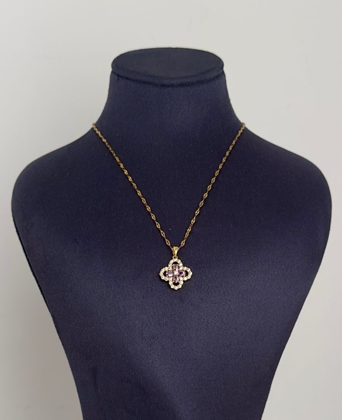 CKOYONCAMORTASG-1.jpg Çelik Yonca Mor Taş Kolye - Görsel 1