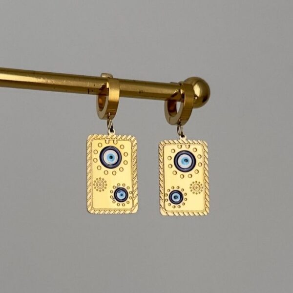 Çelik Dikdörtgen 2 Nazarlı Plaka Küpe