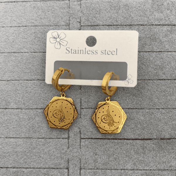 Çelik Tuğralı Altıgen Küpe