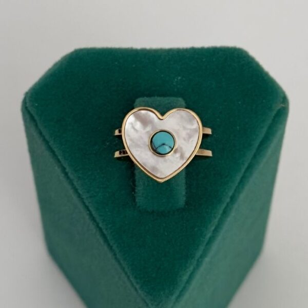 Çelik Ayarlamalı Kalp Sedef Ortası Mavi Doğal Taş Yüzük